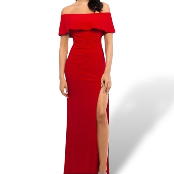Xscape Red Off-Shoulder Flattering Gown - Picture 1 of 8
